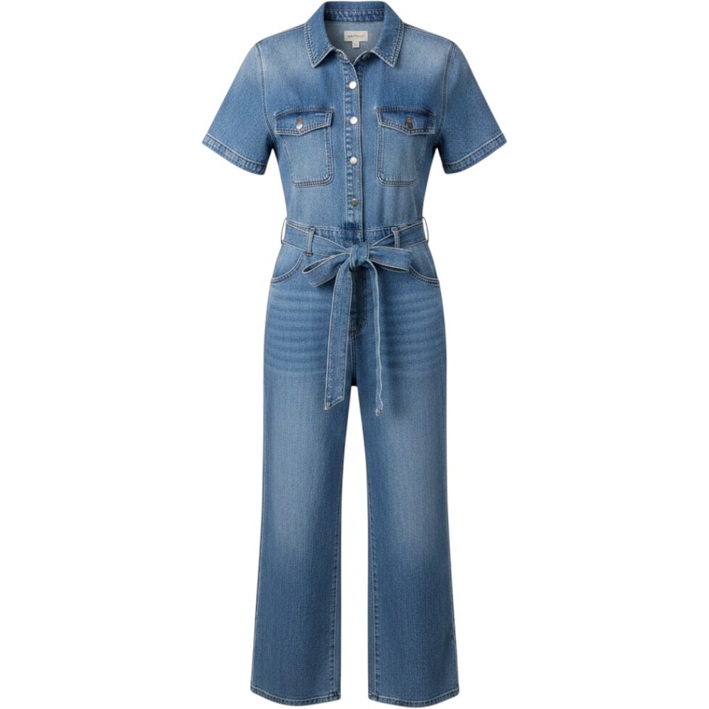 Universal Thread Denim Jumpsuit Women's 6 Light Wash Utility Short Sleeve Belted